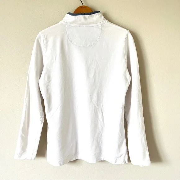 LL Bean Women's White Cotton French Terry 1/4 Button Pullover with Navy Trim - Picture 6 of 16